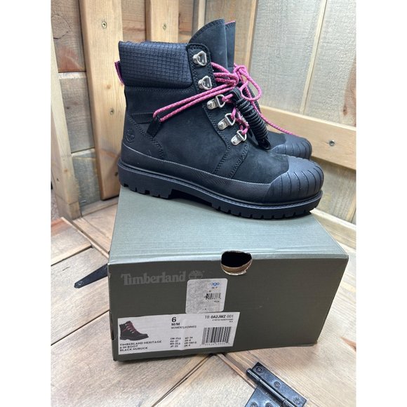 US6 Timberland Womens Heritage Boots Black Pink Laces Waterproof Nubuck - Picture 1 of 7
